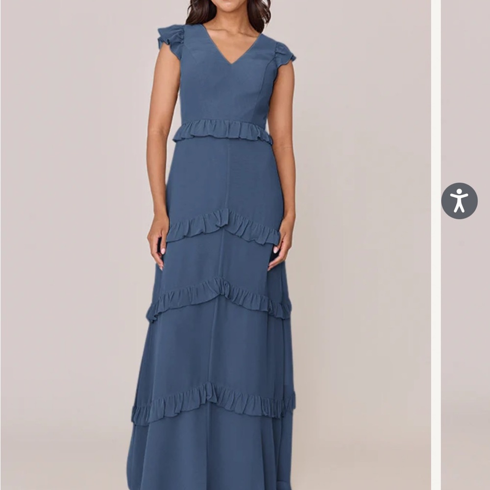 Revelry Amelia Dusty Blue Ruffle Bridesmaids Gown for Weddings